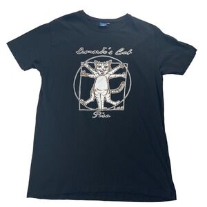 Leonardo's Cat Pisa Graphic T-Shirt Mens XL Black‎ Italy Art Tee
